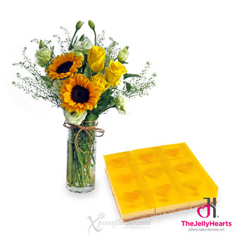 JH2307 Sunny Sunbeam (2 Sunflowers and 3 Yellow Roses with The Jelly Hearts Cake)