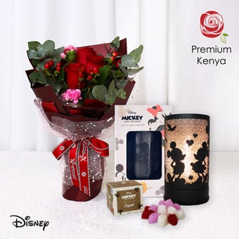 SBL2302 Illuminating Joy (3 Red Roses with Disney Touch Warmer & Candle Bundle)